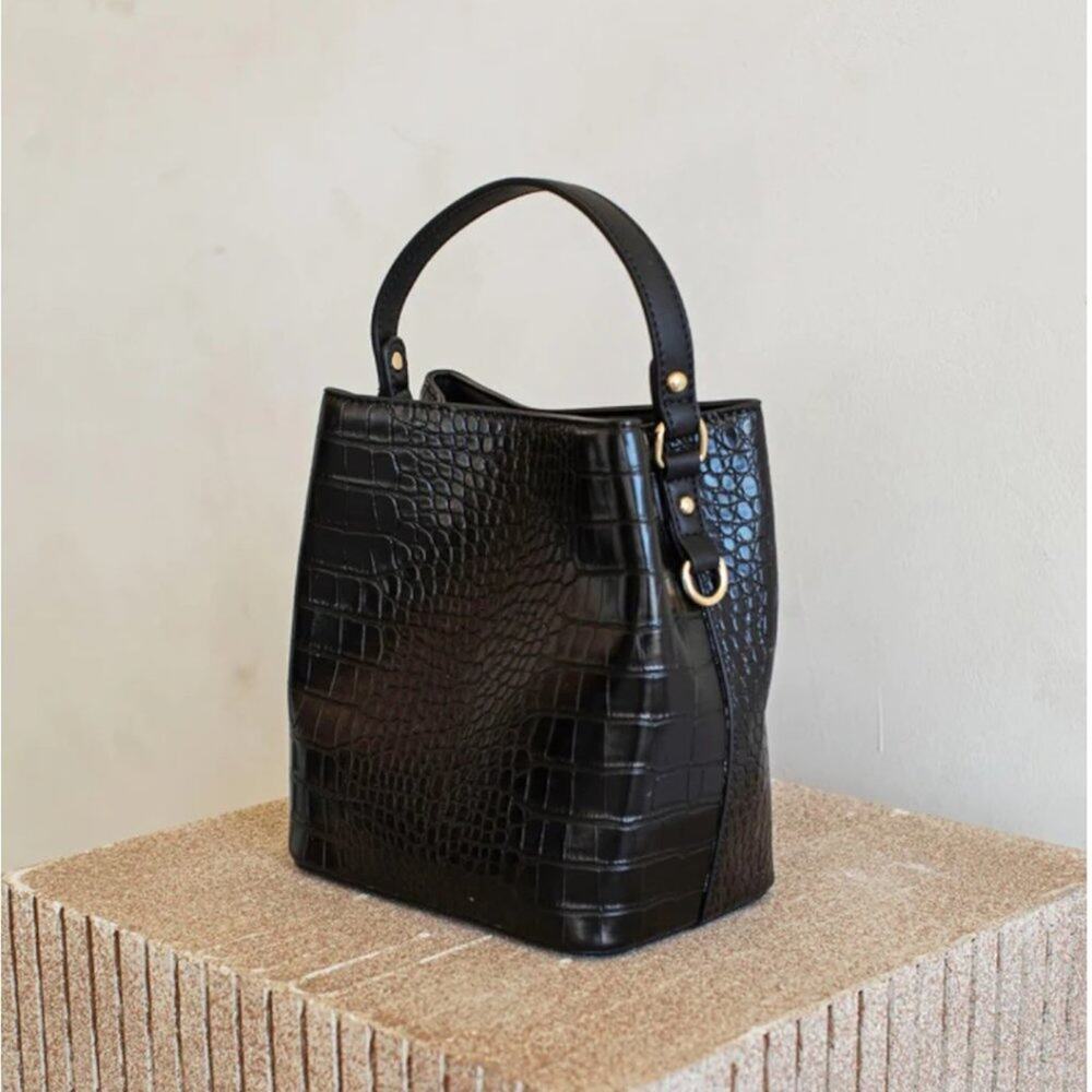 AOTA Elena Black Croc Top Handle Bucket Bag & Crossbody Strap NWT $188 MSRP